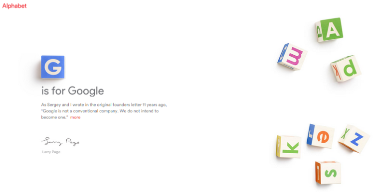 The Alphabet homepage, currenly at the very creative domain name 'abc.xyz'