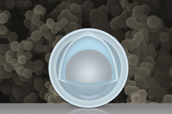 In the background is an actual scanning electron microscope image of a collection of these yolk-shell nanoparticles.
